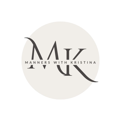 This logo features an elegant monogram combining the letters "MK" in a stylish and elegant way, accompanied by the full name "Manners with Kristina" written in a complementary font.