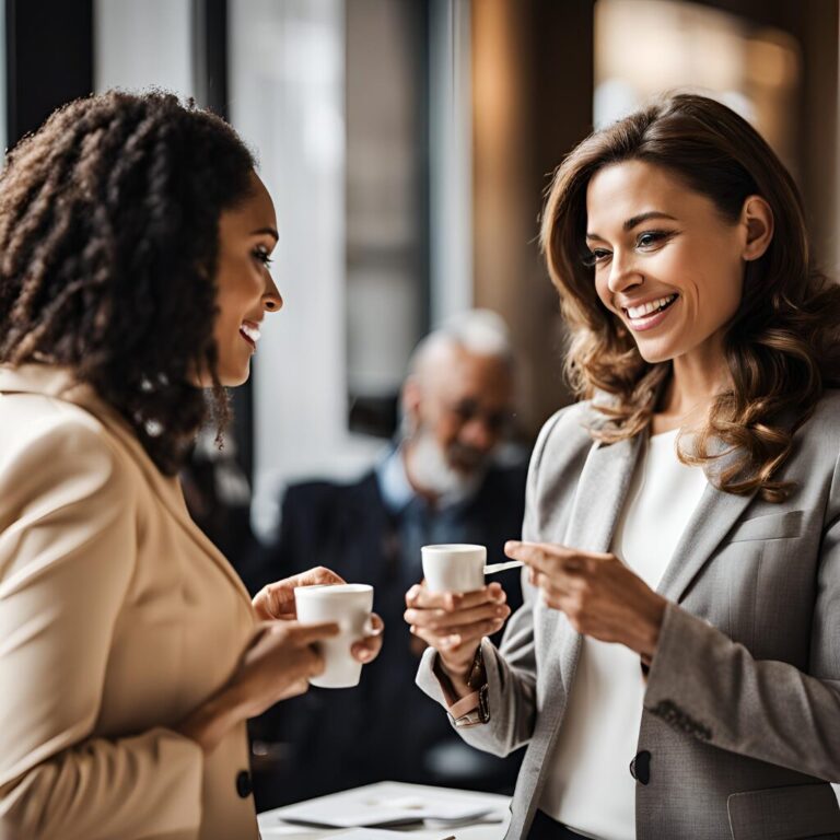 Business networking - women exchanging their business cards at a social networking event